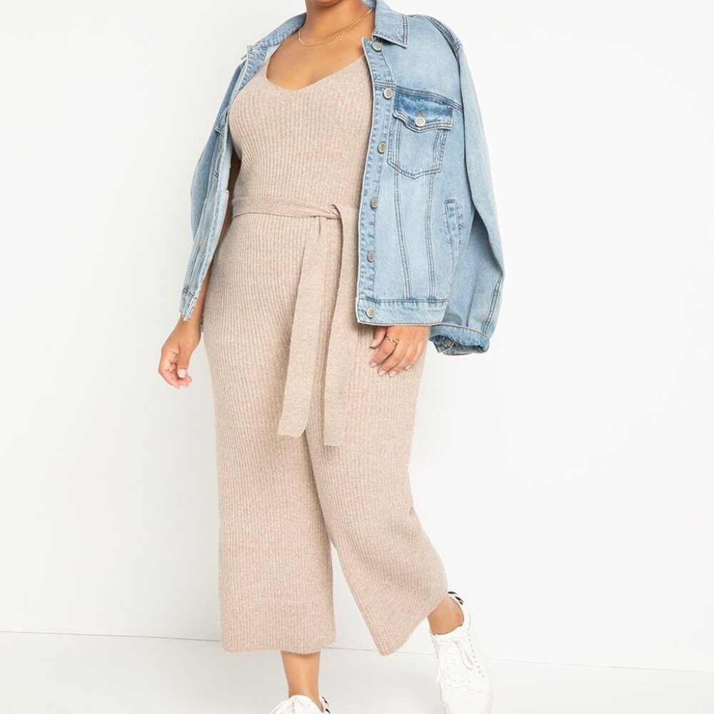 Eloquii NWT Sweater Ribbed Knit Cropped Wide Leg Neutral Belted Jumpsuit 18/20